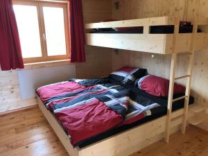 ein Schlafzimmer mit einem Etagenbett in einer Hütte in der Unterkunft Klippitzstern House 2 in Klippitztorl