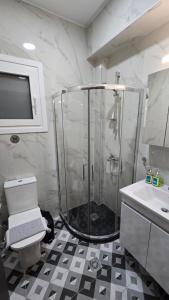 a bathroom with a shower and a toilet and a sink at Alfa- Central Luxury Condo in Katerini