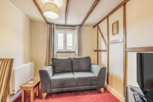 a living room with a chair and a television at Bluebell Cottage in Ross on Wye