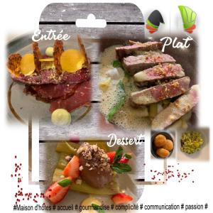 un collage de fotos de diferentes tipos de alimentos en Maison d hôtes Les Notes Endormies " Suite La Mystérieuse" en Berzée