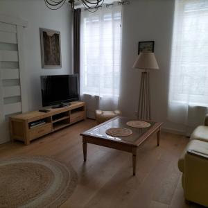 a living room with a tv and a coffee table at Appartement Salamandre in Orléans