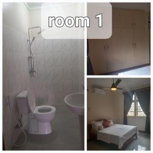 two pictures of a bathroom with a toilet and a sink at B&B HOTEL in Moshi