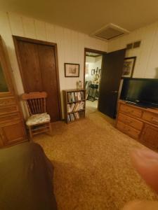 a living room with a television and a chair at A Stay In The Woods in Steger