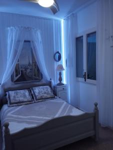 een slaapkamer met een hemelbed en een raam bij CHAMBRES D'HÔTES CHEZ CATHERINE A REUS chambre de Paris avec salle de bains privée in Reus