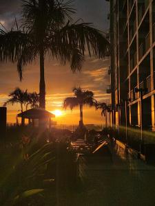 a sunset with palm trees in front of a building at SMDC Coast Residences near PICC World Trade Center MOA in Manila