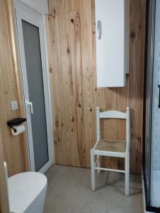 ein Badezimmer mit einem WC und einem weißen Stuhl in der Unterkunft CHAMBRES D'HÔTES CHEZ CATHERINE A REUS chambre de Paris avec salle de bains privée in Reus