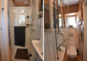 - deux photos d'une salle de bains avec toilettes et lavabo dans l'établissement Studio Le City - Petit déjeuner inclus 1ère nuit - AUX 4 LOGIS, à Foix