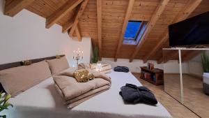 a living room with a couch and a flat screen tv at Penthouse&Wellness L'Abete in Gargazzone