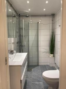 ein Bad mit einem WC, einem Waschbecken und einer Dusche in der Unterkunft Fin uthyrningsdel med egen terass in Kungsängen