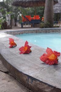 drei rote Papierblumen auf einem Tisch in der Nähe eines Pools in der Unterkunft Diani Peaceful Garden in Diani Beach