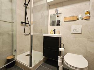 Un baño con ducha, inodoro y lavabo. en Maison familiale 12 couchages, spa et terrasse, en Deauville 27 fotos más