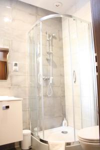 uma casa de banho com um chuveiro e um WC. em Apartament Integro em Szczecin