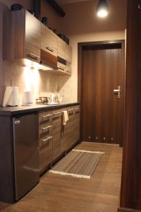 een keuken met een wastafel, een koelkast en een deur bij Apartament Integro in Szczecin