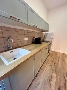 uma cozinha com um lavatório e um frigorífico em Sublime T3 centre Ajaccio, équipé et climatisé em Ajaccio