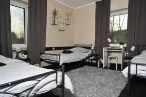 埃森Pott Hostel - Zimmervermietung的有两张床和一张书桌的房间