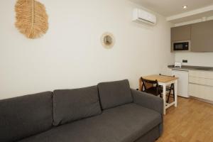 a living room with a gray couch and a kitchen at Villanubla Apartaments in Villanubla