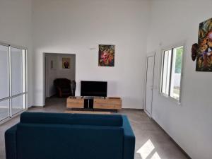 sala de estar con sofá azul y TV en Au Petit Paradis, en Saint-François
