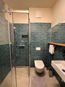 ein Bad mit einer Dusche, einem WC und einem Waschbecken in der Unterkunft PHIL & MAX Messe Hotel und Apartments in Hannover