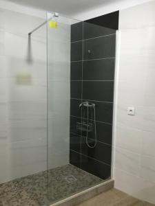 um chuveiro com uma porta de vidro na casa de banho em Casa do Balcão em Mêda