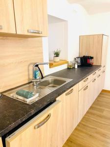 eine Küche mit einem Waschbecken und einer schwarzen Arbeitsplatte in der Unterkunft Terrassenwohnung mit Donaublick in Obernzell