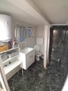y baño con ducha, aseo y lavamanos. en Maksumic Apartman, en Mostar