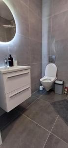 チェンストホヴァにあるKawalerka Centrum parking prywatnyの白い洗面台とトイレのあるバスルーム