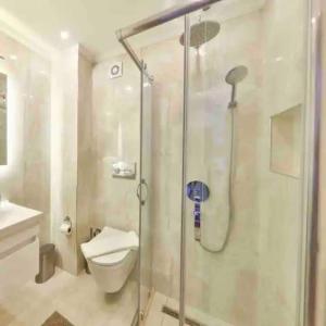 un baño con ducha y WC en Zahna Apartment, en Kas