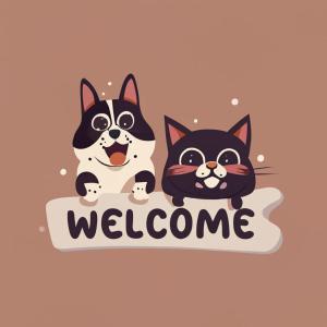 two dogs and a cat with the word welcome at Serendipia Apartamentos 3 in Logroño