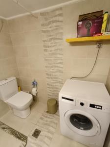 uma casa de banho com um WC e uma máquina de lavar roupa em Your Athens home em Atenas