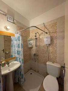a bathroom with a shower and a toilet and a sink at Studio apartment in Larnaca
