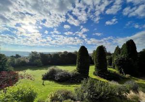 un grupo de árboles en un campo con un cielo nublado en Perfect Cotswold Home with vast stunning Ground's, en Painswick