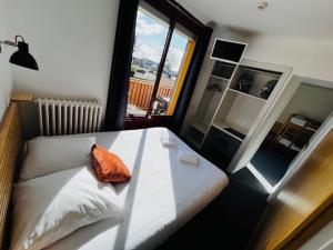 レ・ゼルビエにあるHOSTEL Les Bois Verts - Les Herbiersのベッドルーム1室(オレンジ色の枕が付いたベッド1台付)