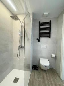 a bathroom with a toilet and a glass shower at Ideal per una escapada in Bordes d´Envalira 
