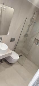 een badkamer met een douche, een toilet en een wastafel bij AGATHA'S HOUSE in Kouspádes