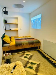 een slaapkamer met een bed in een kamer bij Sottotetto grazioso St.Moritz in St. Moritz