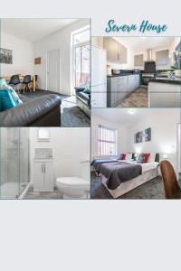 een collage van foto's van een keuken en een woonkamer bij Severn Street House Serviced Accommodation in Leigh