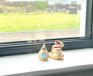 dwie zabawki kąpielowe siedzące na parapecie w obiekcie Portmagee Paradise w mieście Portmagee
