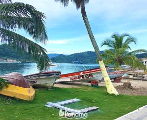 zwei Boote, die am Strand neben Palmen geparkt sind in der Unterkunft Cabaña La Punta in Colón