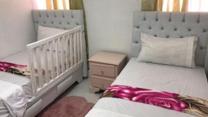 a bedroom with two beds and a crib at 8 Santiago Monumental Area Cozy and lovely apartment to enjoy 3 bedrooms Apartment transportation 24 hours in Santiago de los Caballeros