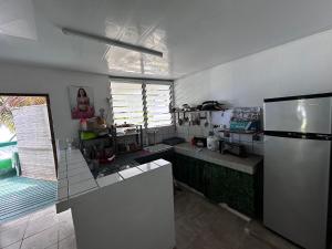 Fitii的住宿－Exclusive Beach & Calm at Vaiora House，厨房配有水槽和冰箱。