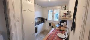 una pequeña cocina con armarios blancos y fregadero en 1 Zimmer zentral ruhig mit Flair im Gertrud Schlössli 1Z3 en St. Gallen