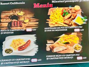 a menu for a restaurant with different types of food at Motel California in Mărtineşti +4 photos