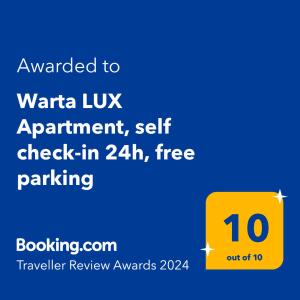 Certifikat, nagrada, logo ili neki drugi dokument izložen u objektu Warta LUX Apartment, self check-in 24h, free parking