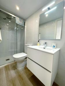 La salle de bains est pourvue de toilettes, d'un lavabo et d'une douche. dans l'établissement Spondylus II, à Empuriabrava