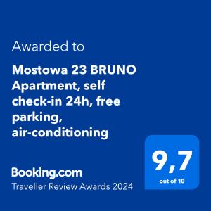 Certifikát, hodnocení, plakát nebo jiný dokument vystavený v ubytování Mostowa 23 BRUNO Apartment, self check-in 24h, free parking, air-conditioning