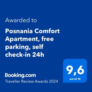 a screenshot of a phone with the text awarded to psammana comfort appointment fee at Posnania Comfort Apartment, free parking, self check-in 24h in Poznań