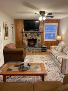 Una sala de estar con un sofá y una chimenea. en Cedar Oasis - Pet Friendly Cabin w Fireplace, Games and Wifi - 5 min to Big Trees, en Arnold