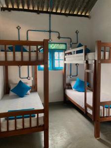 um quarto com 2 beliches e uma janela em Chill House Hostel em Anuradhapura