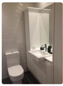 La salle de bains blanche est pourvue de toilettes et d'un lavabo. dans l'établissement The Oaks A private room in our home With its own entrance with internal doors locked More suited to quieter guests wanting a peaceful stay, à Consett