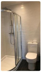 a bathroom with a shower with a toilet and a shower at The Oaks A private room in our home With its own entrance with internal doors locked More suited to quieter guests wanting a peaceful stay in Consett